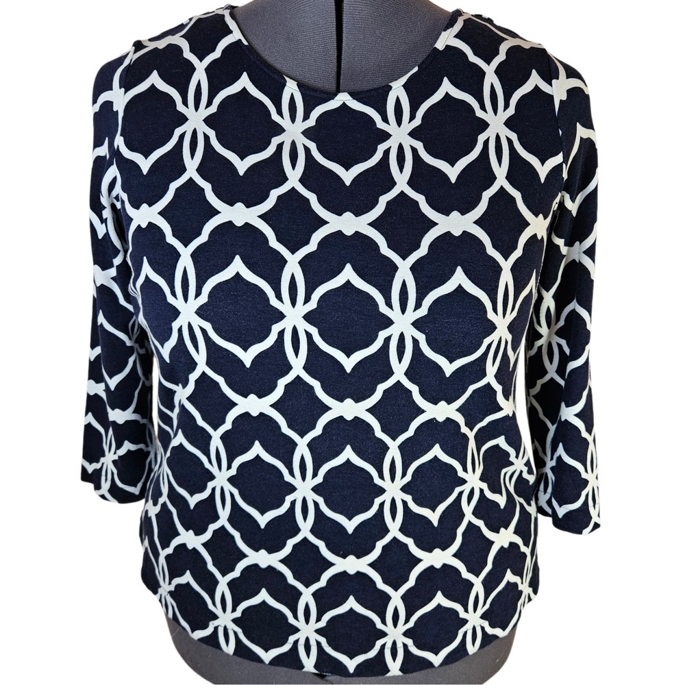 Crown & Ivy Geometric 3/4 Sleeve Top Womens 1X Preppy Classic Office Chic Navy